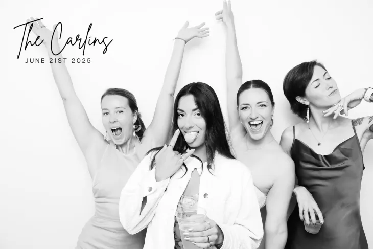 Guests enjoying a modern photo booth at a Portland celebration.