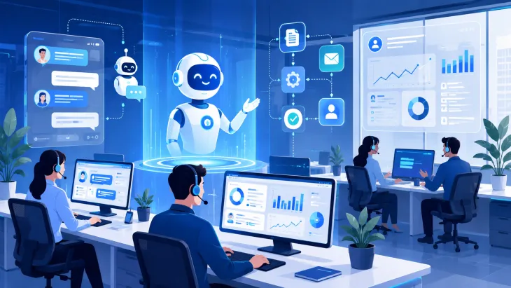 AI-powered customer support center with virtual assistants, automated workflows, and real-time business analytics dashboards.