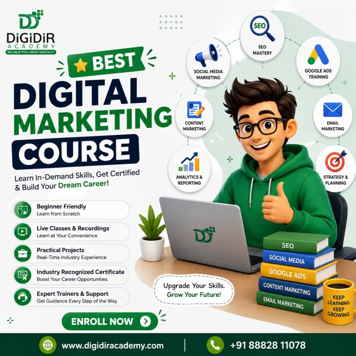 Best Digital Marketing Course by DigiDir Academy featuring SEO, Google Ads, social media, content marketing, email marketing, analytics, and practical training.