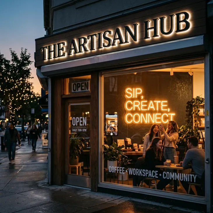Warmly lit storefront of The Artisan Hub cafe with a glowing neon sign reading Sip Create Connect and people socializing inside during the evening