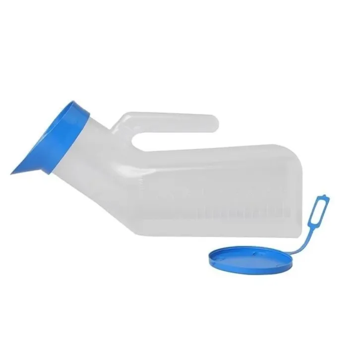 Maruti 2-in-1 plastic urine pot with a blue lid and handle for home patient care available at SurgiNatal