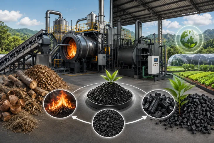 Industrial biochar production plant processing biomass into sustainable biochar