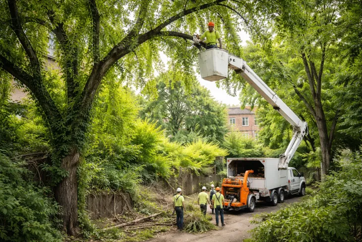 Expert workers trimming trees