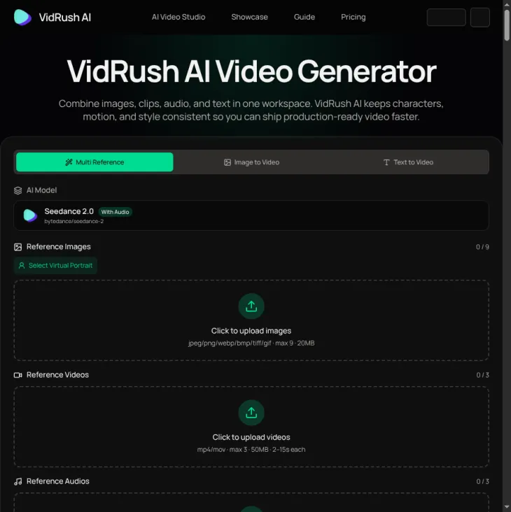 VidRush AI long video generator homepage screenshot
