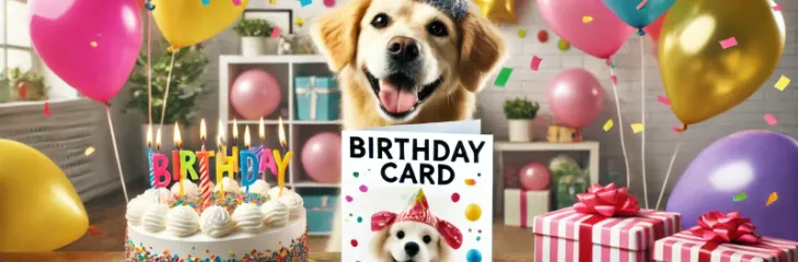 A-joyful-dog-wearing-a-colorful-party-hat-surrounded-by-balloons-confetti-and-a-birthday-cake-with-candles-The-image-features-a-visible-birthday