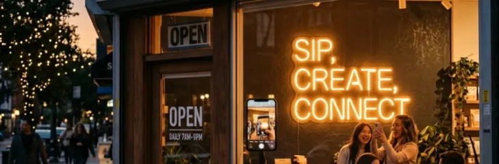 Warmly lit storefront of The Artisan Hub cafe with a glowing neon sign reading Sip Create Connect and people socializing inside during the evening