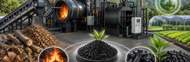 Industrial biochar production plant processing biomass into sustainable biochar
