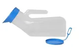 Maruti 2-in-1 plastic urine pot with a blue lid and handle for home patient care available at SurgiNatal
