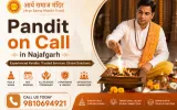 Pandit on Call in Najafgarh by Arya Samaj Mandir Trust featuring Vedic havan ceremony, experienced priest, official logo, and contact number 9810694921.