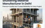 A professional business banner for Balaji Scaffolding showing construction workers on a large, complex metal scaffolding structure in front of a city skyline with the Qutub Minar. Text includes "Shuttering Material Manufacturer in Delhi," a tagline about premium quality, the phone number 9871981606, and the company logo in the corner.