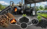 Industrial biochar production plant processing biomass into sustainable biochar